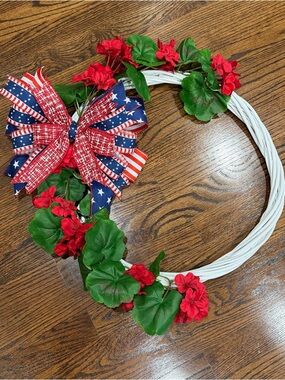 Red Floral Holiday Wreath with Patriotic Ribbon